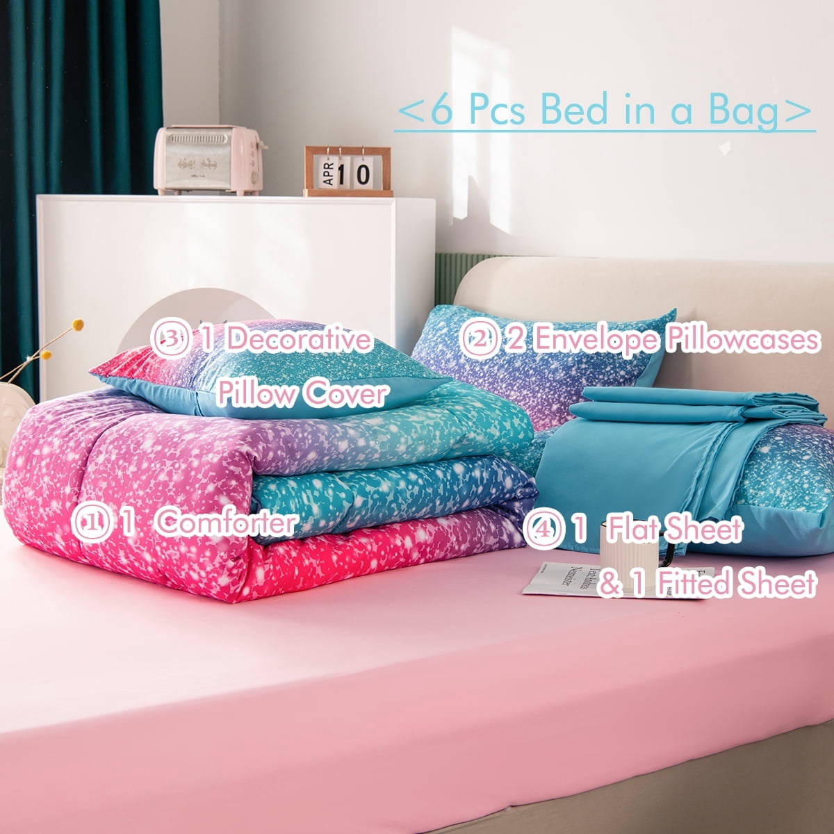 PERFEMET 6Pcs Pink Girls Queen Size Bedding Set Colorful Blue Pink Galaxy Star Kids Comfoter Set Ultra Soft Bed Set for All Season