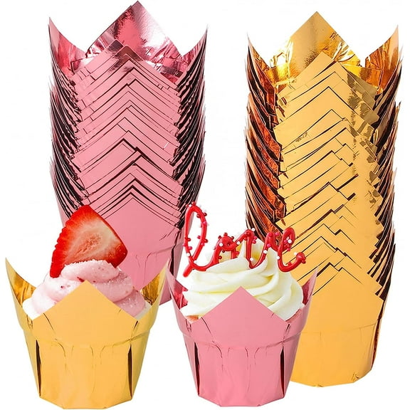 100 Pcs Tulip Cupcake Liners for Baking Muffin Aluminum Foil Paper Baking Cups Muffin Liners Holders,Gold Tulip Cupcake Muffin Liners for Wedding Birthday Xmas Anniversary (Gold,Rose Gold)