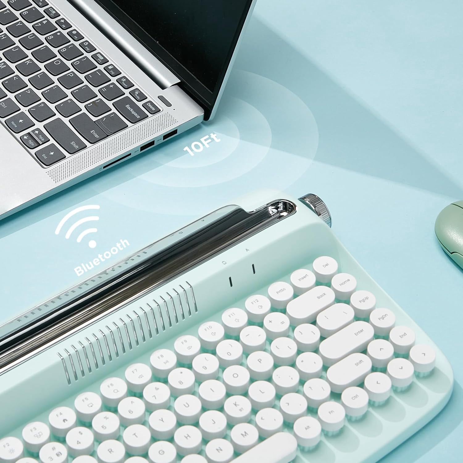 Wireless Typewriter Keyboard, Bluetooth, Retro Design, Stand for Tablet, Phone, PC