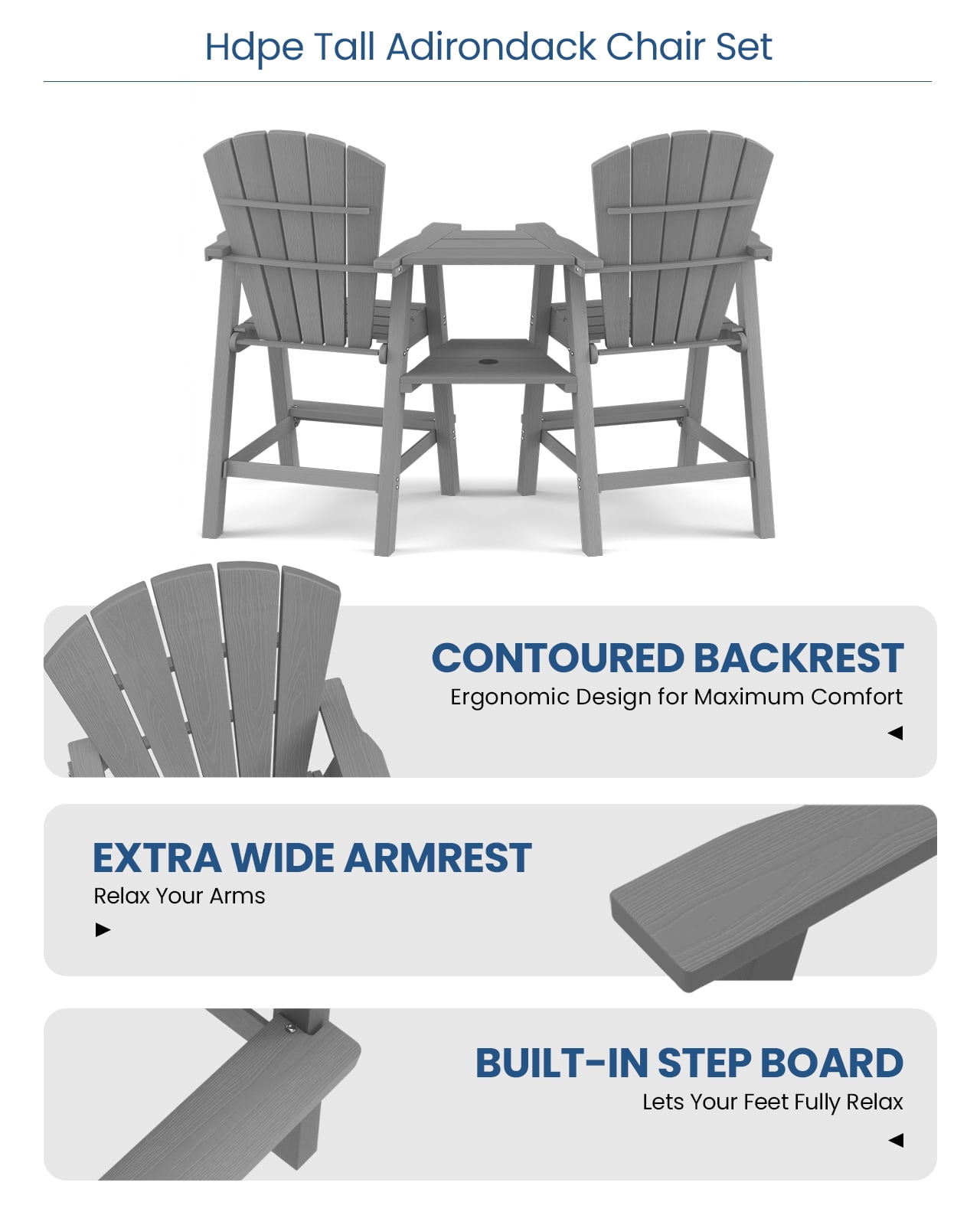 CIOKEA Tall Adirondack Chair Set of 2, All Weather HDPE Patio Chairs with Double Removable Connecting Trays for Balcony, Deck, Backyard, Patio, Garden, Gray