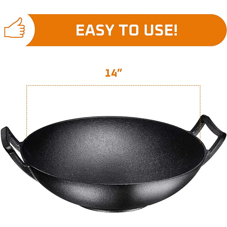 Bruntmor Skillets & Frying Pans Pre-Seasoned Cast Iron Wok Black 14-inch W  Large Loop Handles 