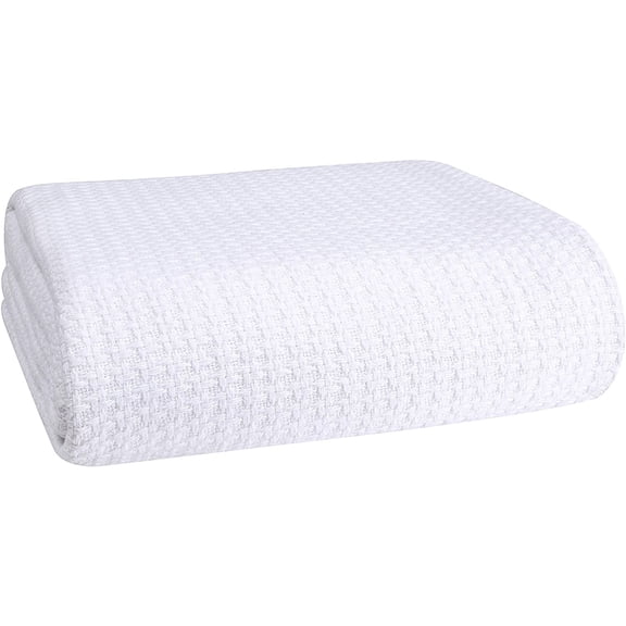 100% Cotton Bed Blanket, Breathable Bed Blanket Full Queen Size, Cotton Thermal Blankets Full Queen, Perfect for Layering Any Bed for All Season, White