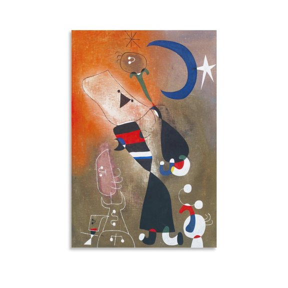 Posters Painter Joan Miró Woman And Bird in The Moonlight Abstract Art Print Wall Photo Paint Hanging Picture Decor 16x24inch(40x60cm)