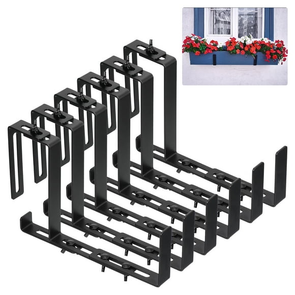 Uxcell Deck Railing Adjustable Planter Box Brackets, 6.5" to 9" Universal Window Box Brackets, Iron Flower Box Wall Mounting Hooks for Balcony, Fences, Patio 6 Pack