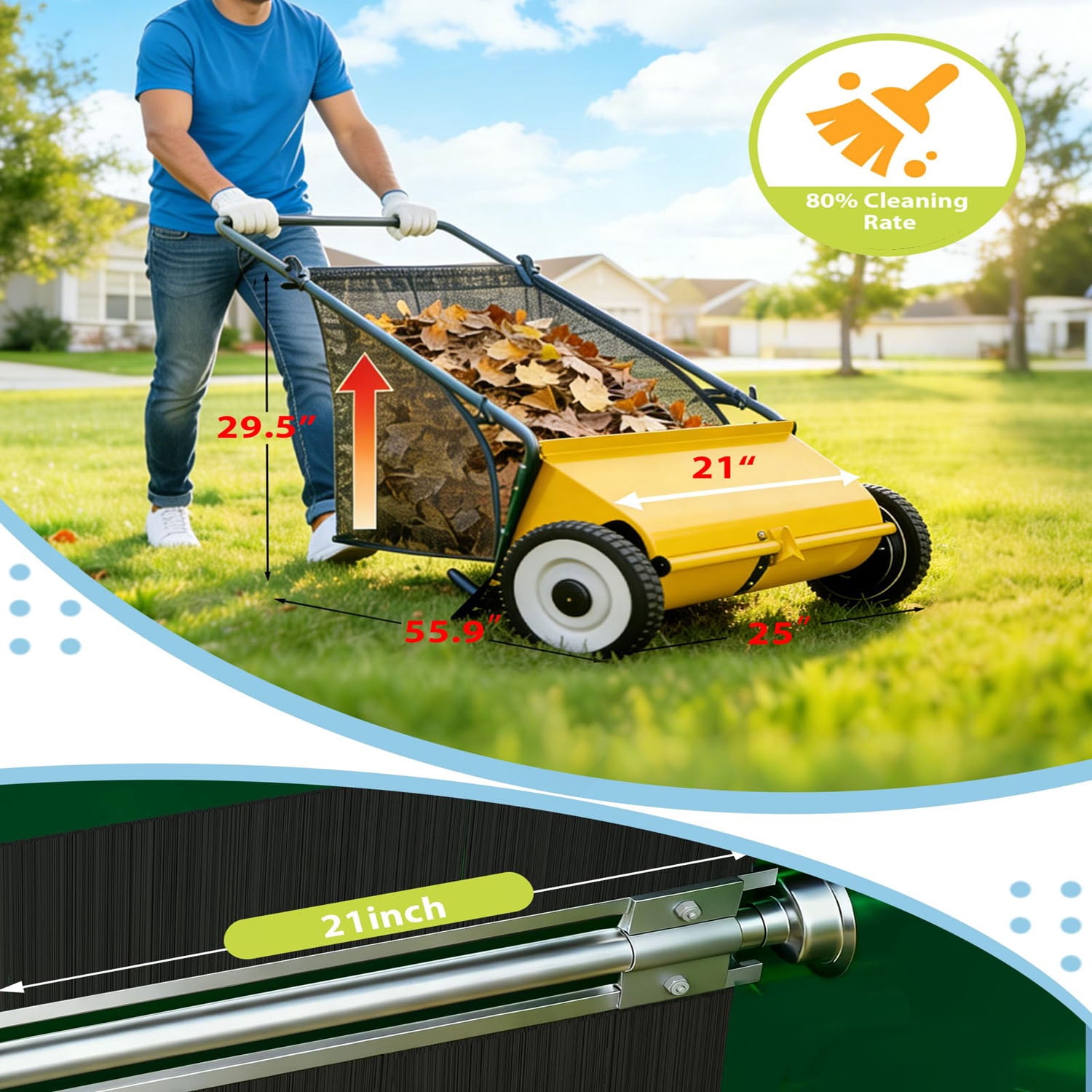 Gaderth Efficient 21-Inch Push Lawn Sweeper, Heavy-Duty Steel Frame, 4 Enhanced Spinning Brushes, Large 3.5 cu.ft Pusher, Strong Rubber Wheels, Manual Leaf & Grass Collector