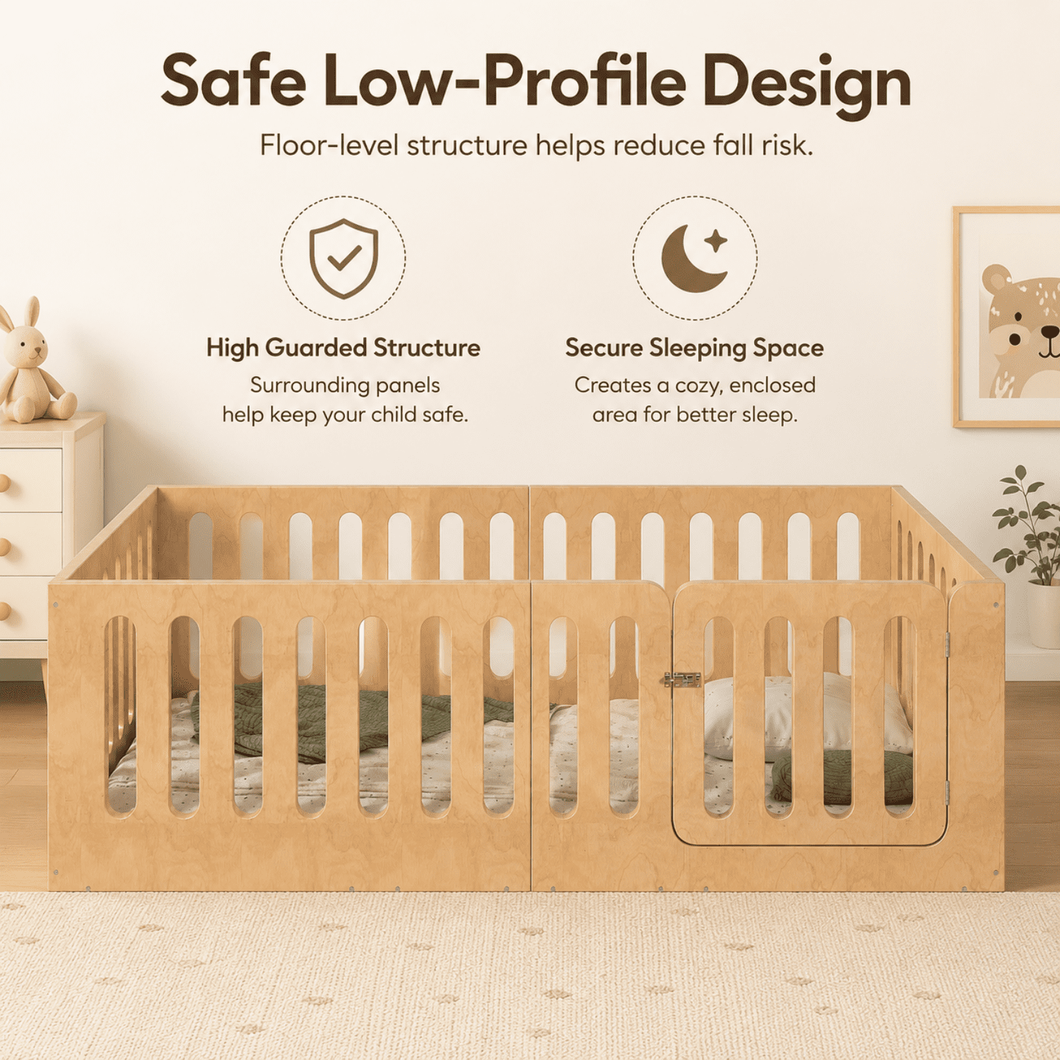 Miniyam Twin Floor Bed for Kids with Door and Guardrails, Low-Profile Wood Bed Frame, Natural