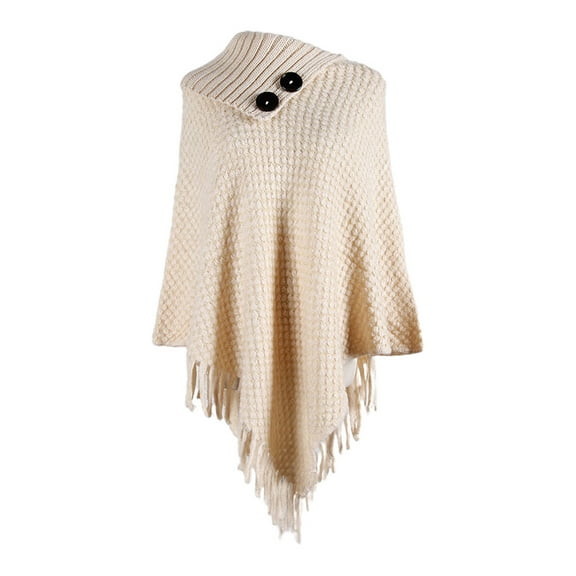 Aellinatey Women Knitted Pullover Sweater Top Half Opened Collar Buttons Warm Shawl Wrap Fringe Tassels Hem Solid Color Poncho Cape Cloak