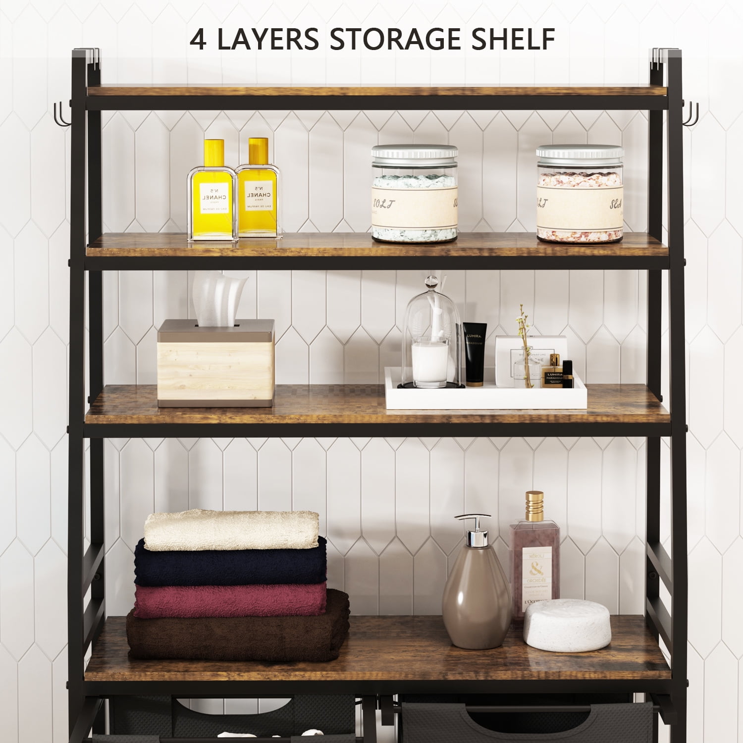 LENLN Laundry Hamper, Laundry Basket Sorter with 4 Tiers Shelf and Hooks, Double Clothes Hampers for Bathroom, Bedroom
