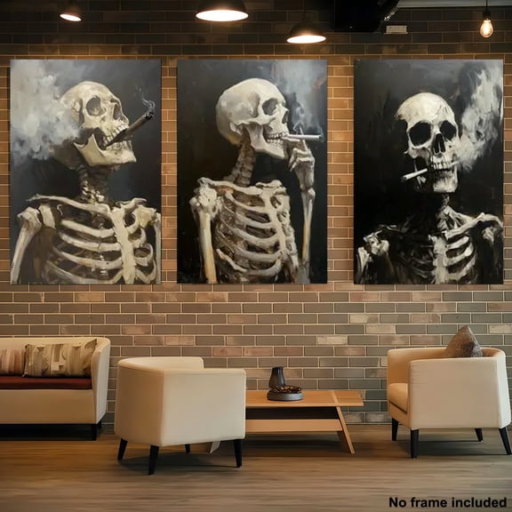 [2D Flat] 3pcs, 2D Frameless Canvas Painting, 3pcs Living Room Decorative Painting Set, Halloween Themed Canvas Poster, Lonely Skull Smoking, Dark Gothic Art, Vintage Home Decoration, Gift for Frien