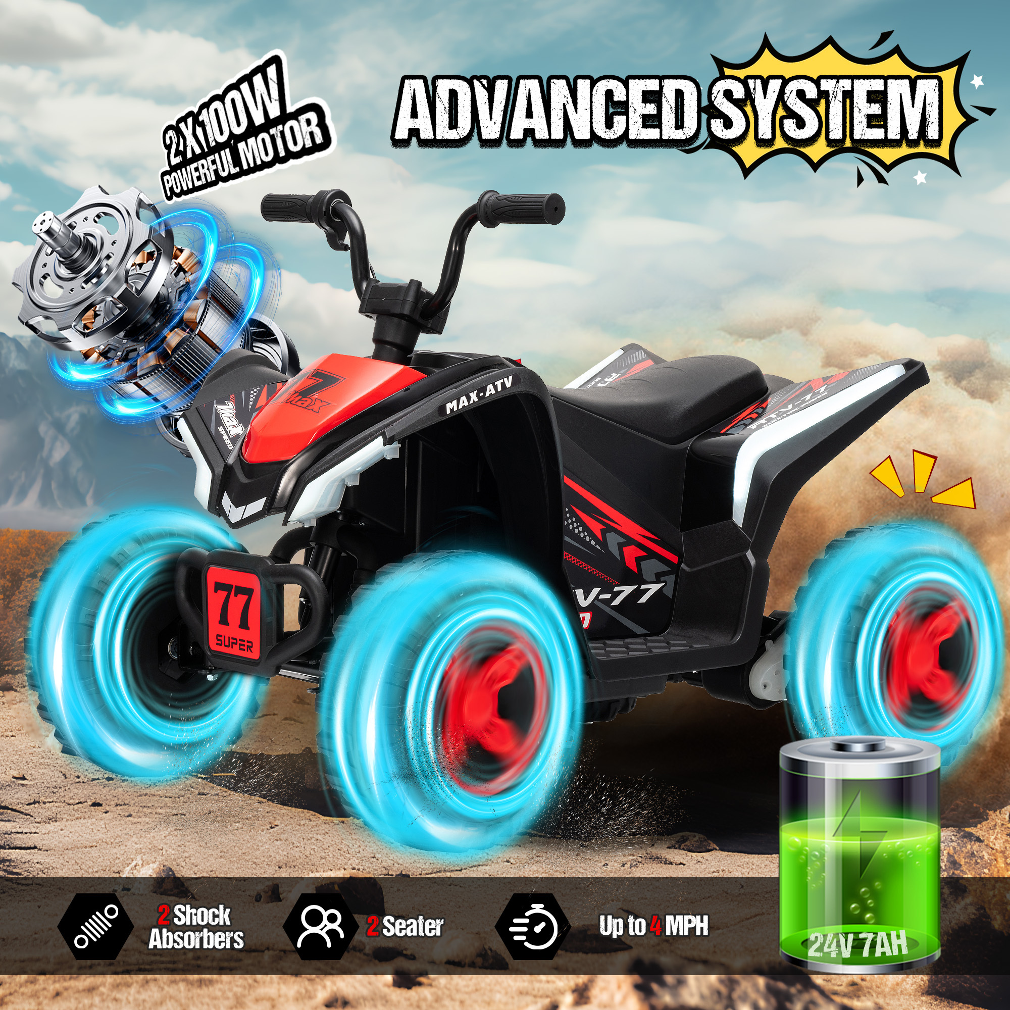 Kids ATV 4 Wheeler, Two Seater 24V Ride On Toy for Big Kid w/Unique LED Light, Music, Wireless, Story, 24 Volt Ride on Car Electric Quad for Boys Girls, Red