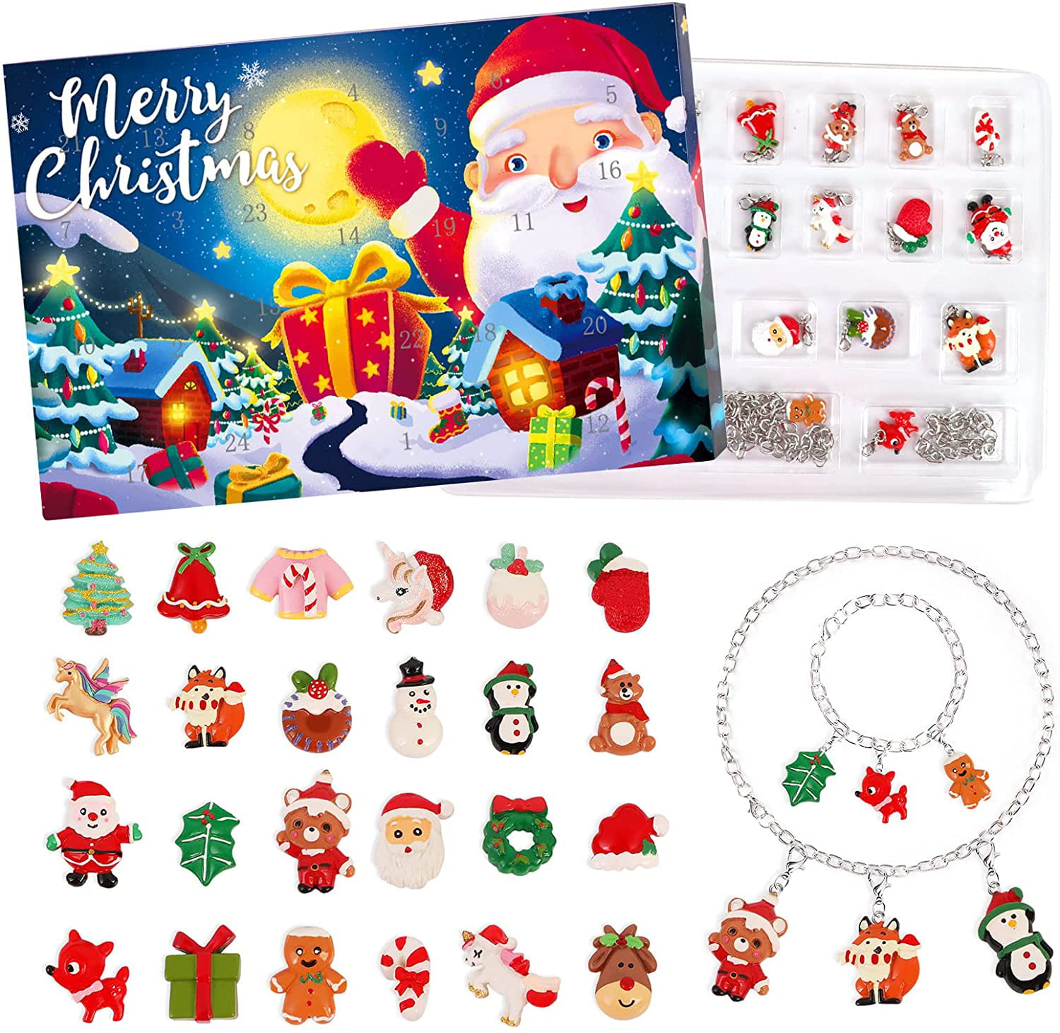 Christmas Santa Claus Snowman Elk Advent Calendar Box & 24 Xmas Pendant Necklace 