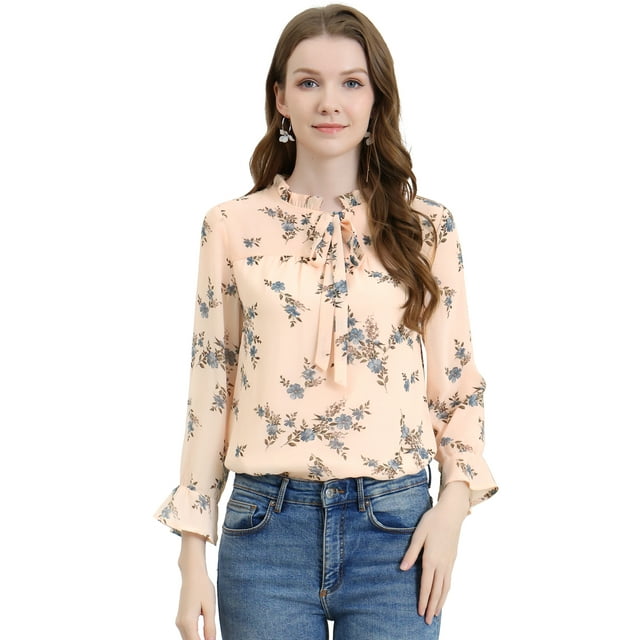 INSPIRE CHIC Haut de Loisirs à Manches Longues pour Femmes avec Col à Nouer, Col à Volants et Imprimé Floral
