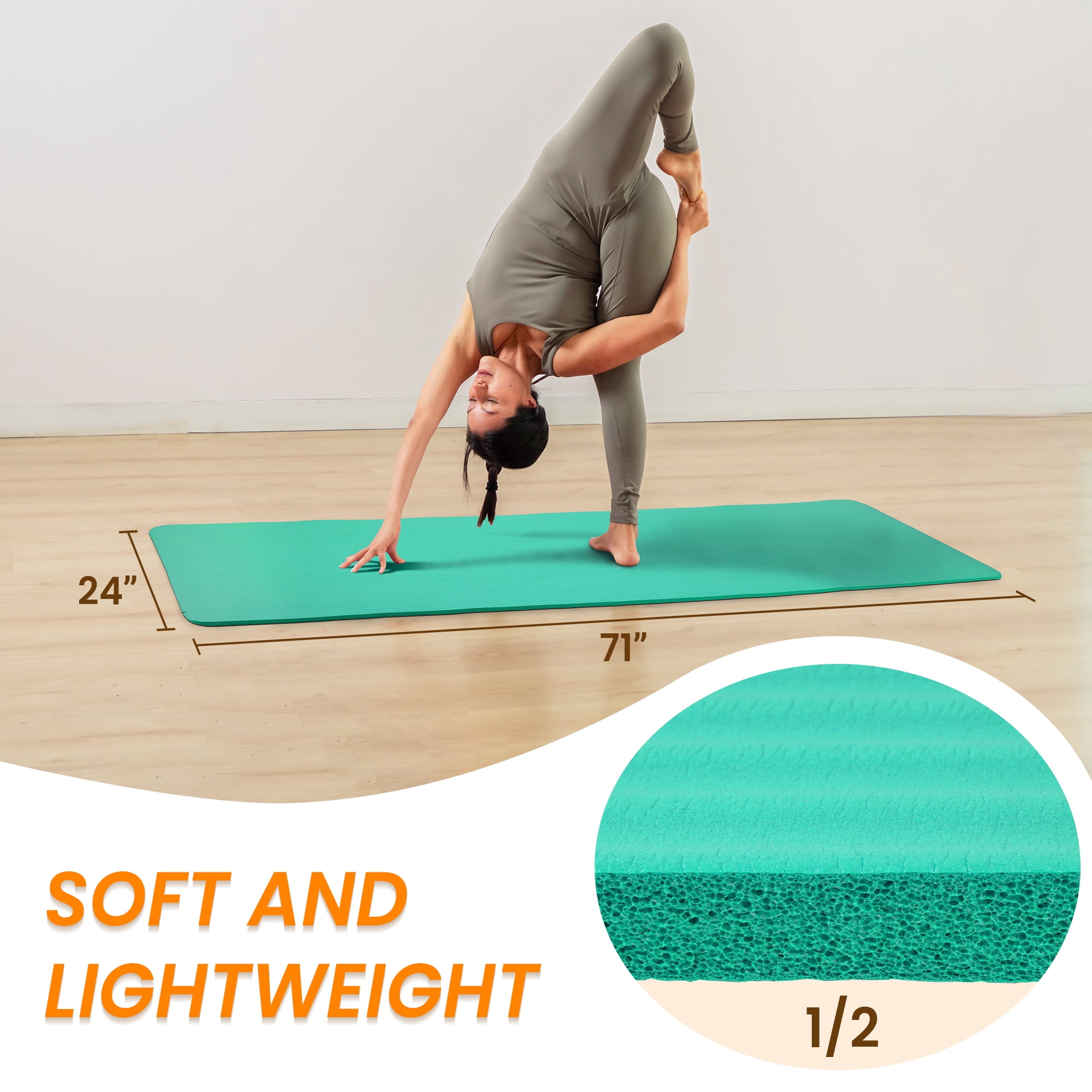 Signature Fitness 1/2-Inch Extra Thick Yoga Mat, 71"x24" Non-Slip Exercise Mat with Carry Strap, High-Density Foam for Home, Gym, and Travel
