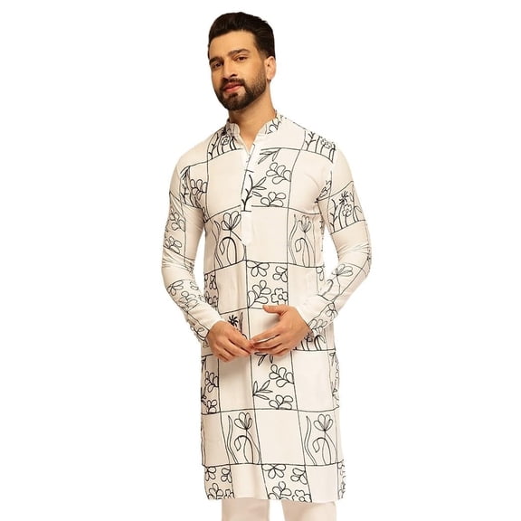 Sojanya (Since 1958) Men'S Cotton Silk White Long Kurta With Floral Embroidery