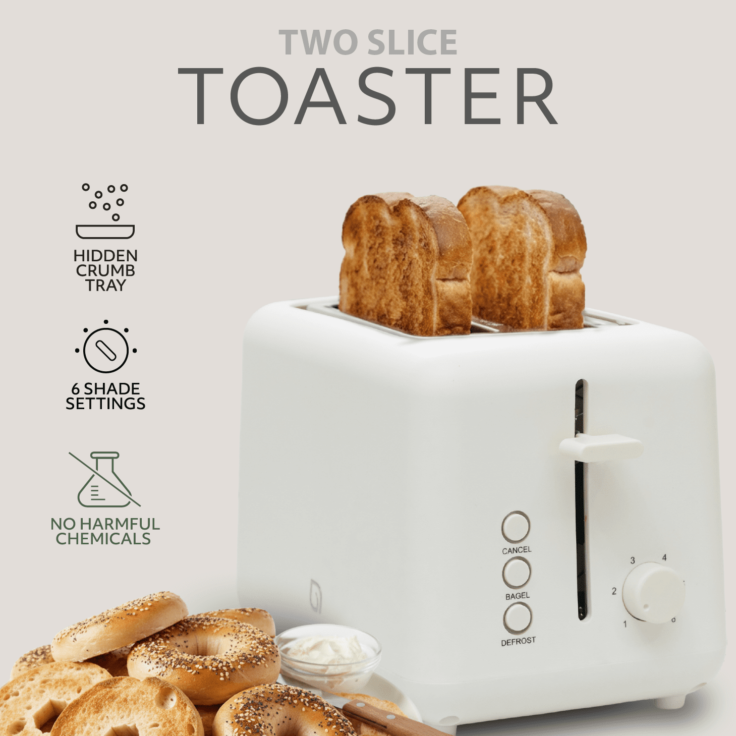 Willow Kitchen Toaster 2 Slice Wide Slot Toaster 6 Shade Settings Defrost Function Bread and Bagel Toaster, White