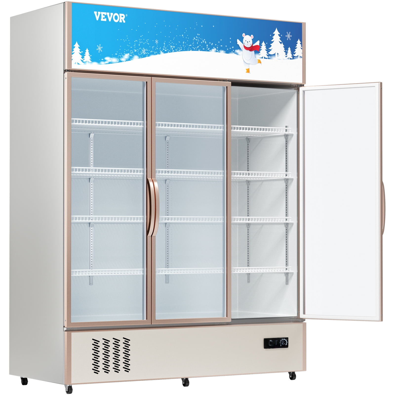 VEVOR Commercial Merchandiser Refrigerator, Triple Glass Doors, 31.6 Cubic Ft, Upright Display Beverage Cooler, 79" Tall x 60" Width, Fridge with LED Lighting for Drink Wine Soda, Gold