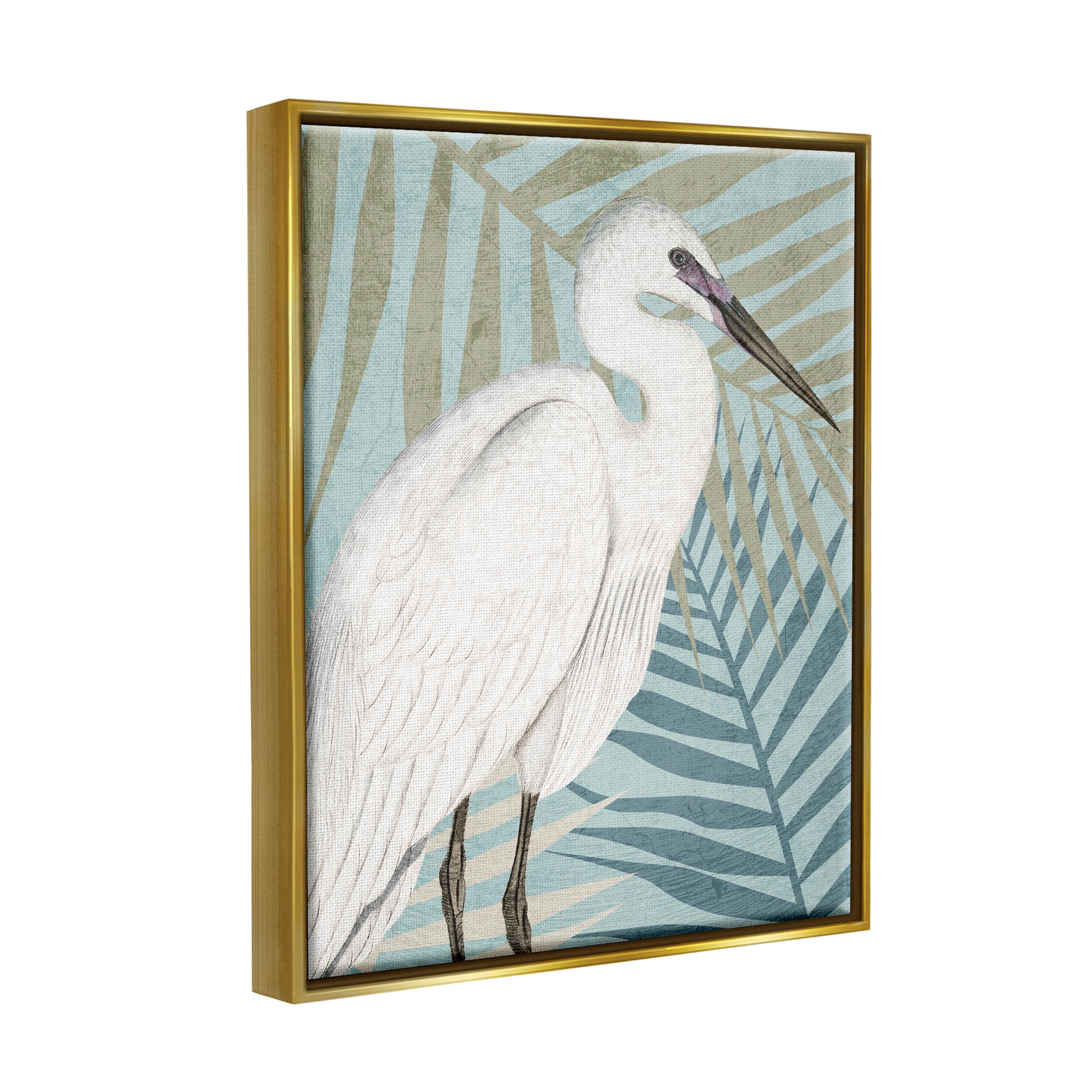 Tropical Egret Botanical Leaves Animals & Insects Graphic Art Metallic Gold Framed Art Print Wall Art