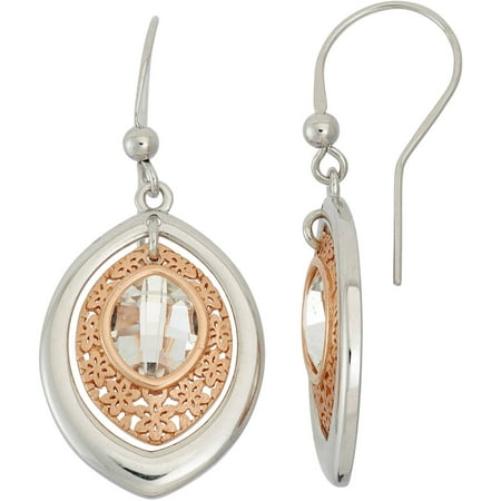 Giuliano Mameli Centered Crystal 14kt Rose Gold-Plated Sterling Silver Matte-Finished Marquise-Shape Flower Pattern White Polished Frame Drop Earrings