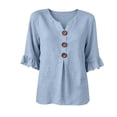 thumbnail image 5 of Cilsoka 3/4 Length Ruffle Sleeve Womens Tops Cotton Linen V Neck Button T Shirts Summer Beach Casual Boho Three Quarter Sleeve Tops, 5 of 6