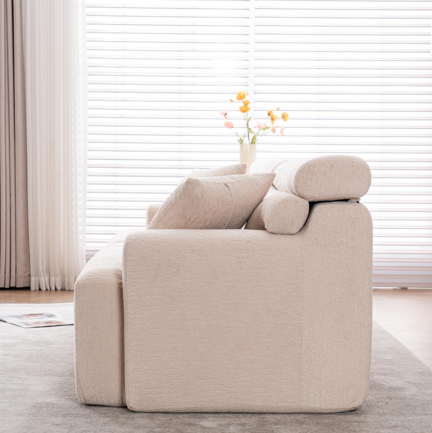 Demi Bonn 103" 4-Seater Compression Sofa Couch with Wood Grain Chenille Fabric, Full Sponge Cushion and 2 Cozy Pillows for Living Room, Beige