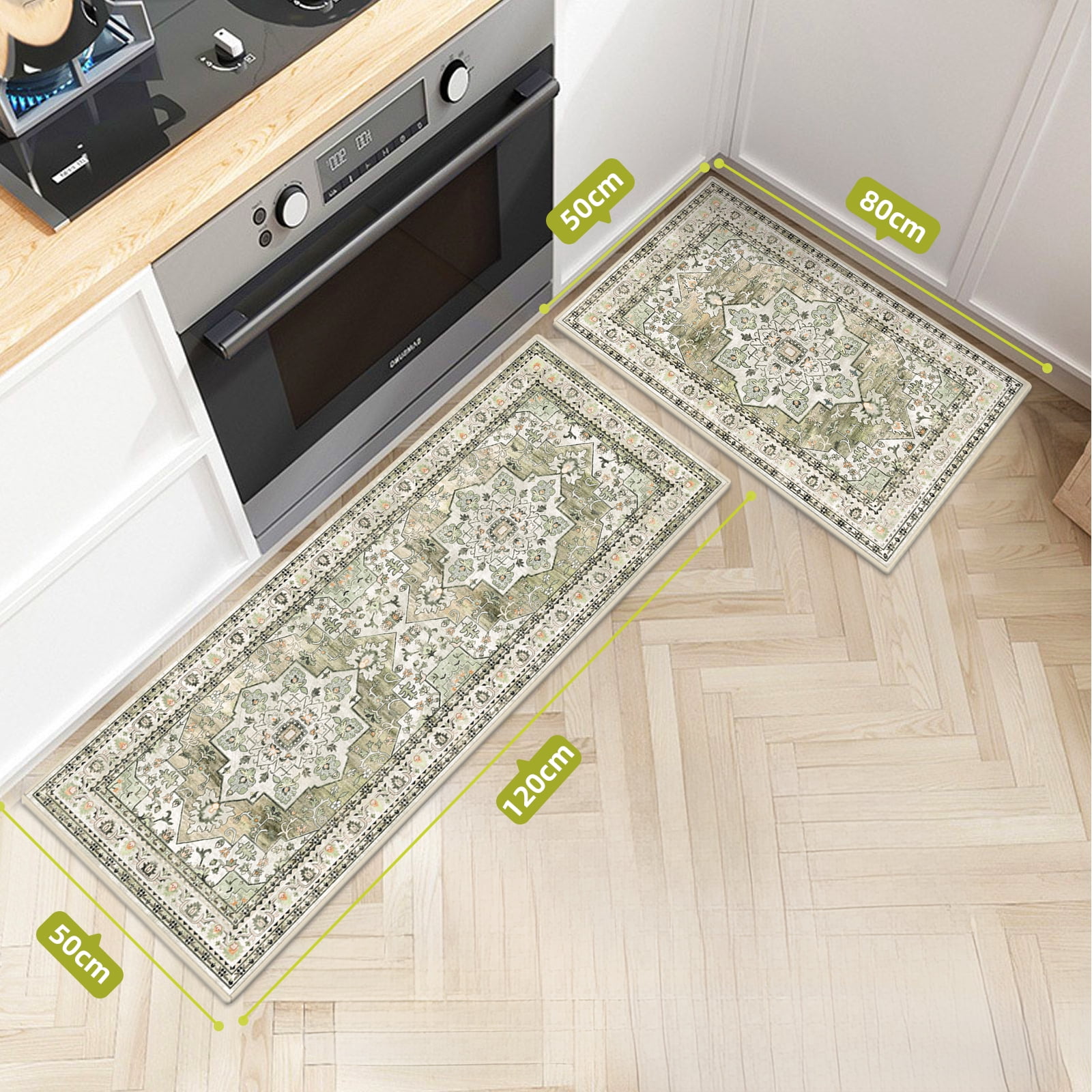 Findosom 2pcs Kitchen Rugs, Washable Boho Farmhouse Kitchen Mats for Floor, Non Slip Thick Indoor Kitchen Floor Mat Carpet Runner Rugs for Entryway Hallway Laundry Home Decor 20"x32"+20"x47" Green
