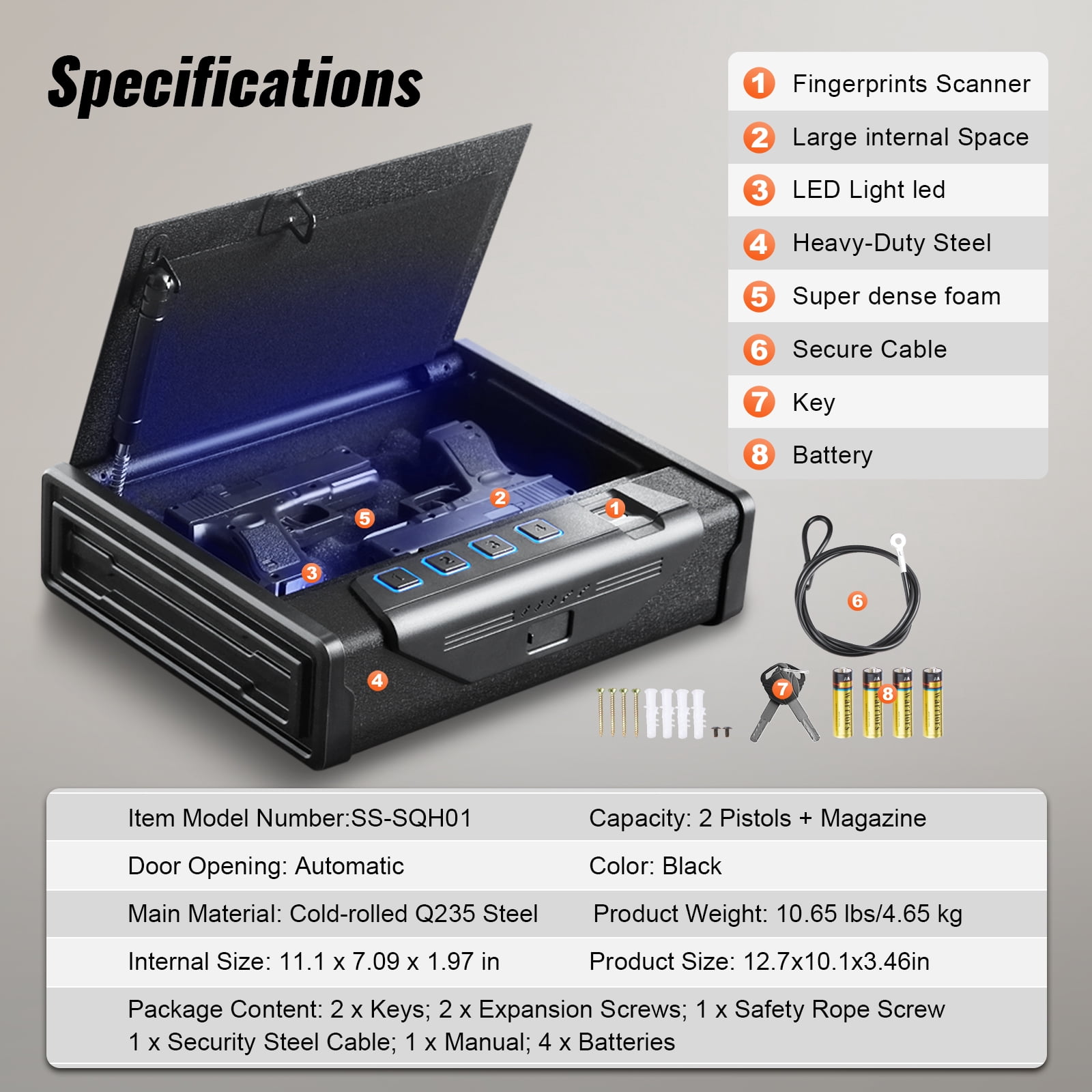 VEVOR Pistols Safe, Biometric Pistol Safe with Three Quick Access Ways of Fingerprints, Passwords and Keys, Handgun Safe for 2 Pistols for Home, Bedside, Nightstand, Car