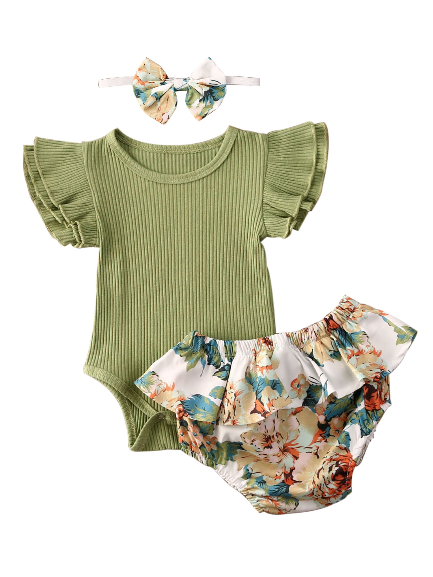Newborn Baby Girls Floral Shorts Set Fly Sleeve Romper Top+Bowknot Shorts Summer Flower Outfit Bodysuit 2Pcs Set
