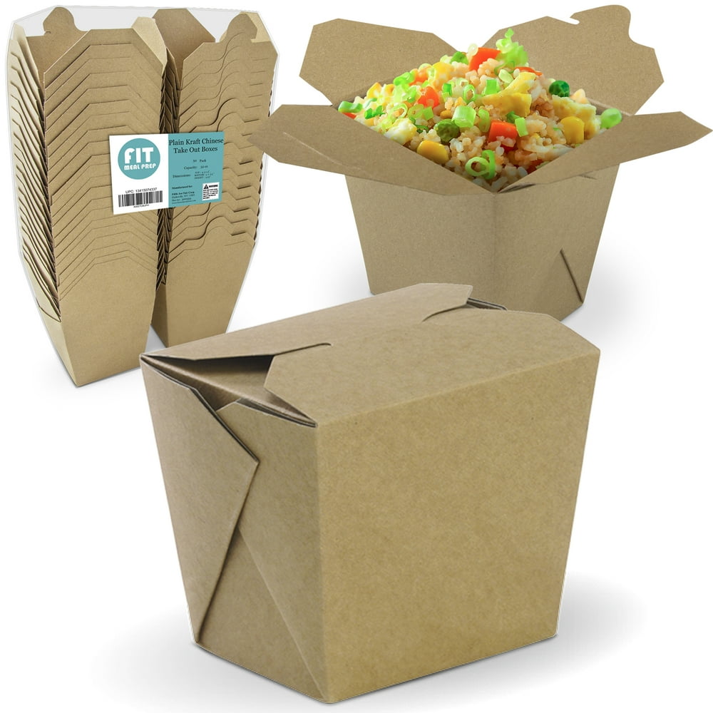 [50 Pack] 32 oz Chinese Take Out Boxes 4.5x4” Plain Kraft Paperboard Food Containers, Leak and