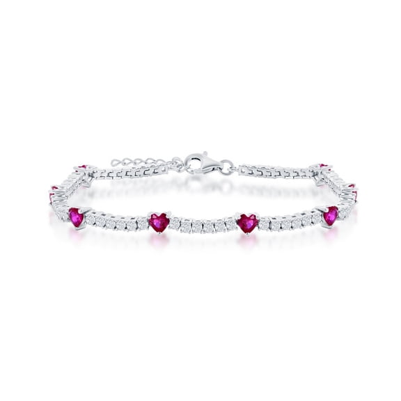 TheJewelryHut Designer Sterling Silver Heart and CZ Tennis Bracelet - Ruby CZ