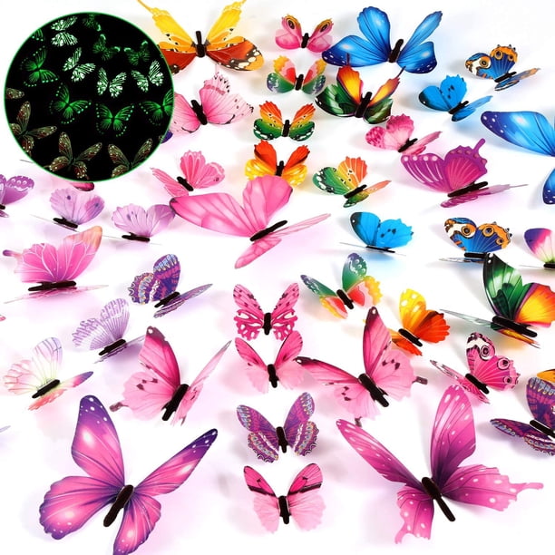 48 Piezas de Pegatinas de Pared Decorativas Luminiscentes 3D Resplandor Nocturno Mariposa Oscura Pegatinas de Mariposas de Techo Desmontables Jardín de Infantes Sala de Estar Dormitorio Decoración del Hogar Manualidades Rojo Verde