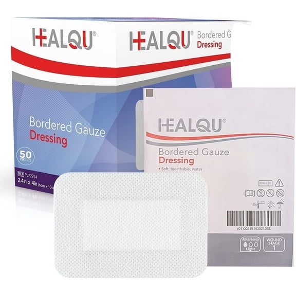 HEALQU Bordered Gauze Island Dressing – 50 Count, 2.4" x 4" Sterile Individually Wrapped Gauze Pads with Water-Resistant Non-Woven Backing – Soft, Breathable Wound Dressings for First Aid & Medical