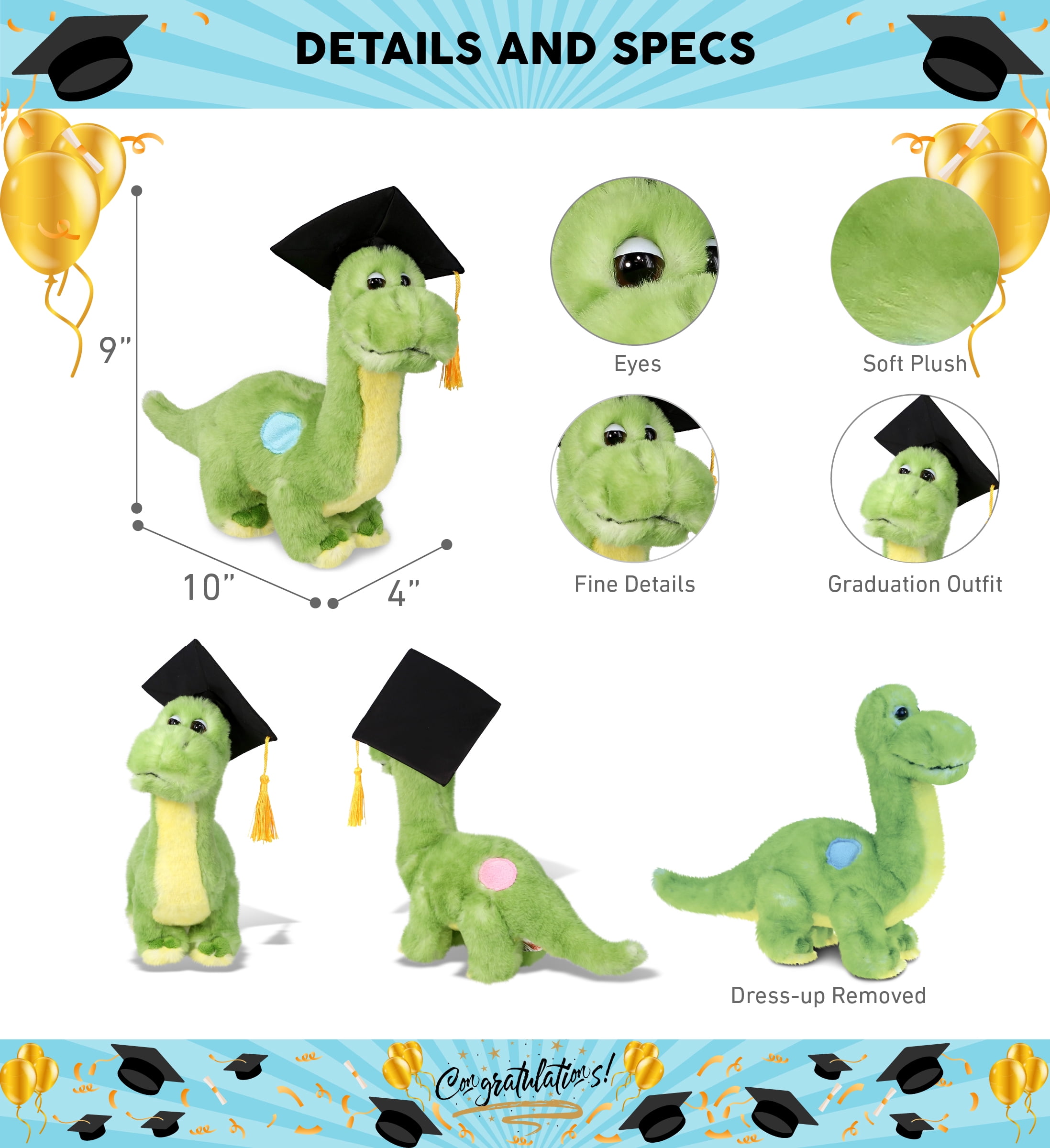 DolliBu Green Dinosaur Graduation Plush Toy - Super Soft Plush Graduation Stuffed Animal Dress Up with Gown & Cap with Tassel Outfit - Congratulatory Graduation Gift - 10 Inch