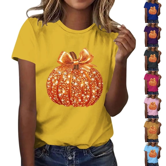 NuoCaiYun Summer T Shirts for Women, Casual Womens Workout Tshirt Pumpkin Print Round-Neck Pullover Short Sleeve Tops