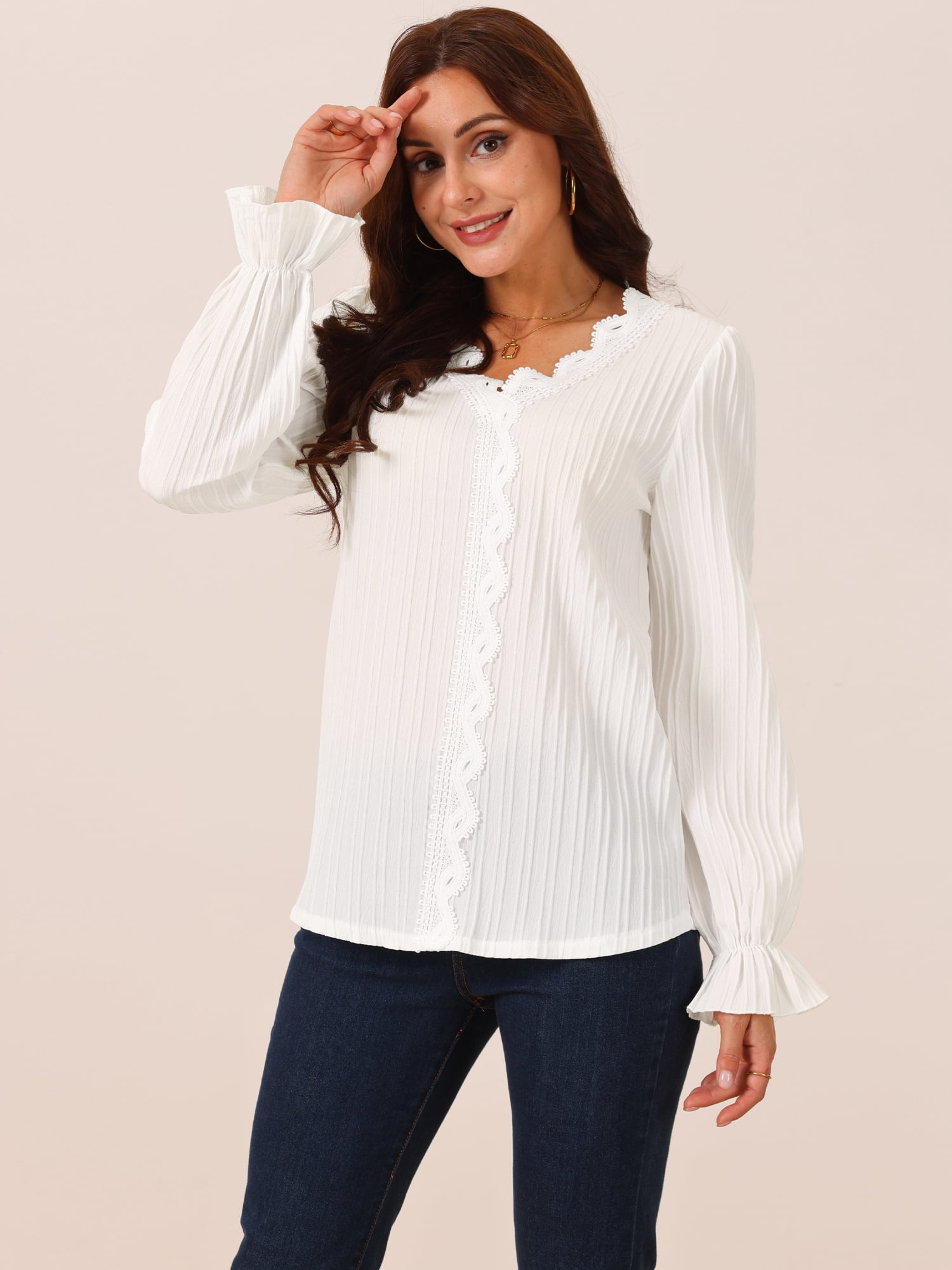 DARING DIVA Women's Lace V Neck Lantern Sleeve Fashion T Shirt XL White