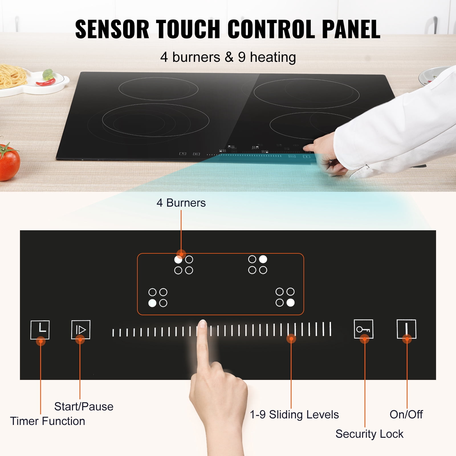 VEVOR 6000W Built-in Electric Cooktop Radiant Induction Cooktop Ceramic Cooktop 4 Burners Sensor Touch Stove 23.2''x20.5''