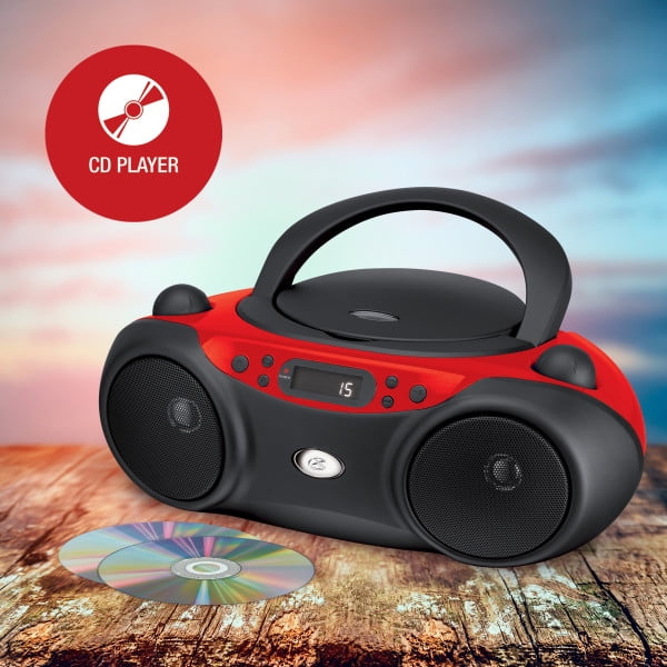 GPX, CD Boombox, AM FM, LED Display, Red Black, Top-Loading Player