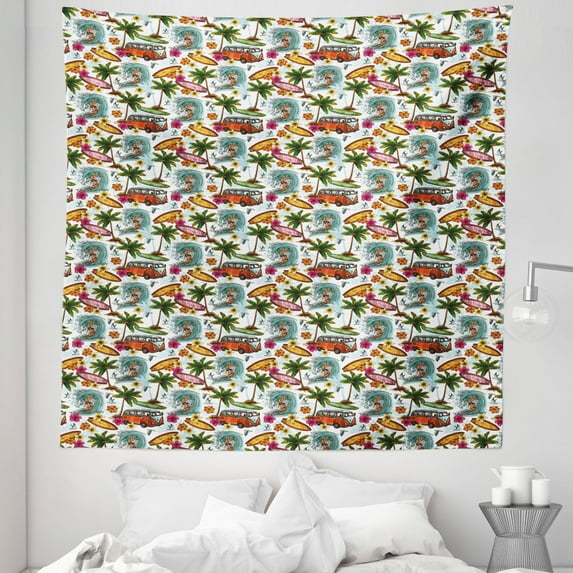 Abstract Tapestry, Surf Themed Vibrant Image Vintage Van and Flower Arrangement Seagulls Action Hobby, Fabric Wall Hanging Decor for Bedroom Living Room Dorm, 5 Sizes, Multicolor, by Ambesonne