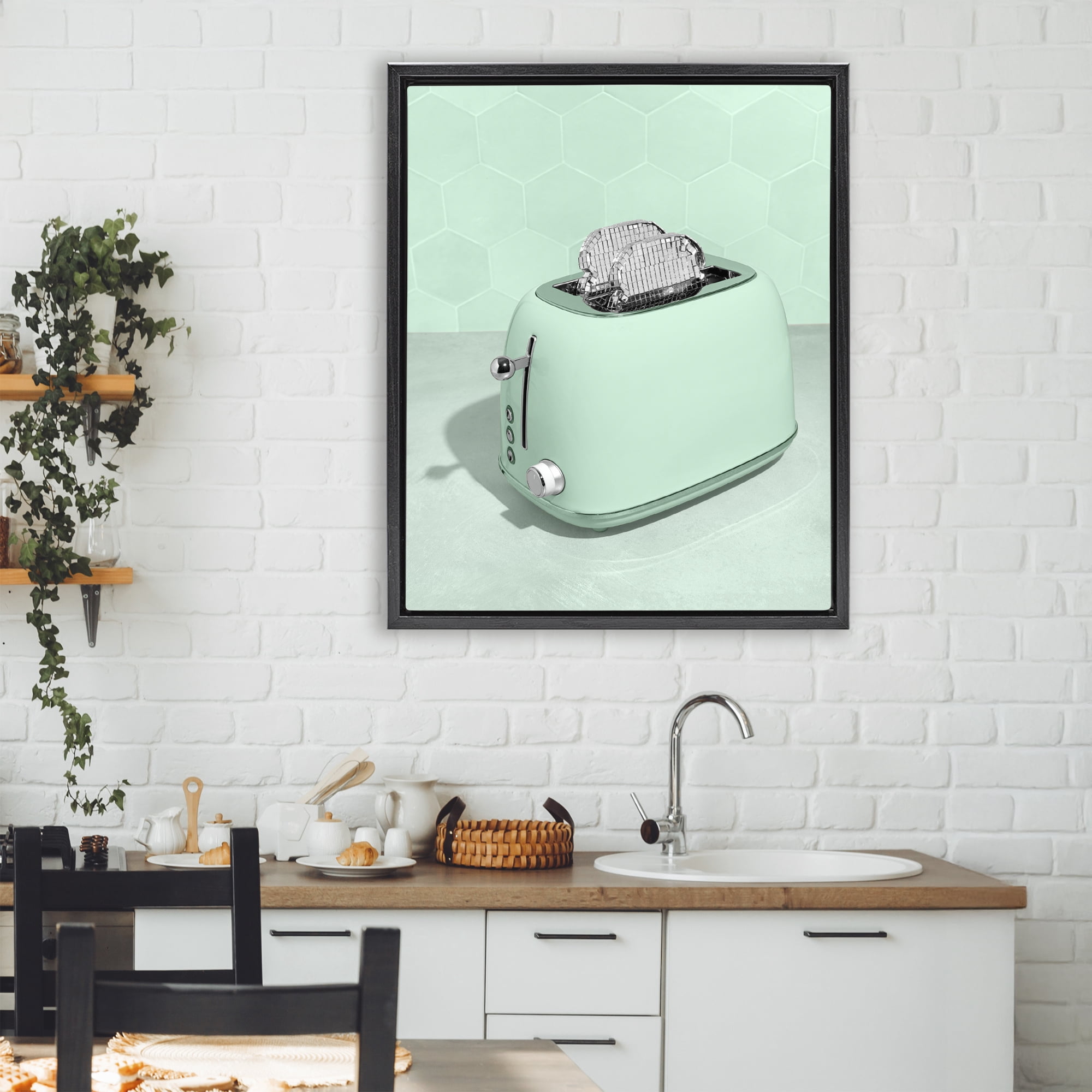 Stupell Industries Disco Toaster Over Green Black Framed Floater Canvas Wall Art, design by LISH Creative