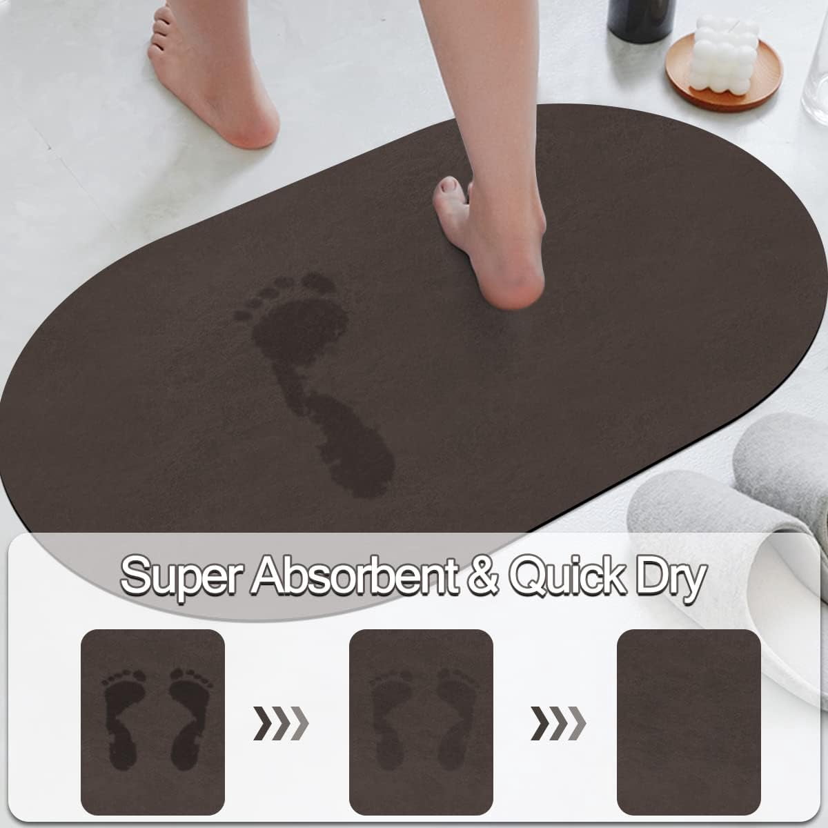 Thin Diatomaceous Earth Bath Mat,Non Slip Quick Dry Bath Mats for Bathroom,Super Absorbent Stone Bath Mat-Washable Shower Mat Bathroom Floor Mat (Brown Oval,15.4"x23.6")