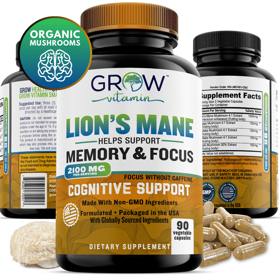 Grow Vitamin Mushroom Mind Supplements, 2100 mg, Caffeine-Free Brain Booster, Focus & Memory Support, 90 Veg Capsules