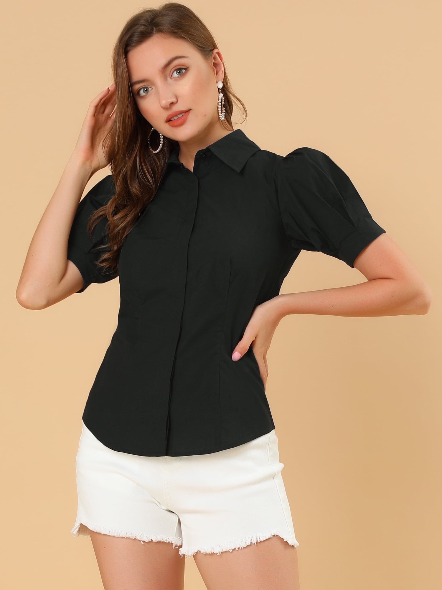 DARING DIVA Women's Puff Sleeve Point Collar Essential Office Shirt M Black