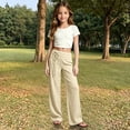 thumbnail image 2 of XIYNBAOK Girls Linen Dress Pants Drawstring Loose High Elastic Waist Hiking Trousers Kids Teen Casual Athletic Preppy Sweatpants Schoolwear, 2 of 6