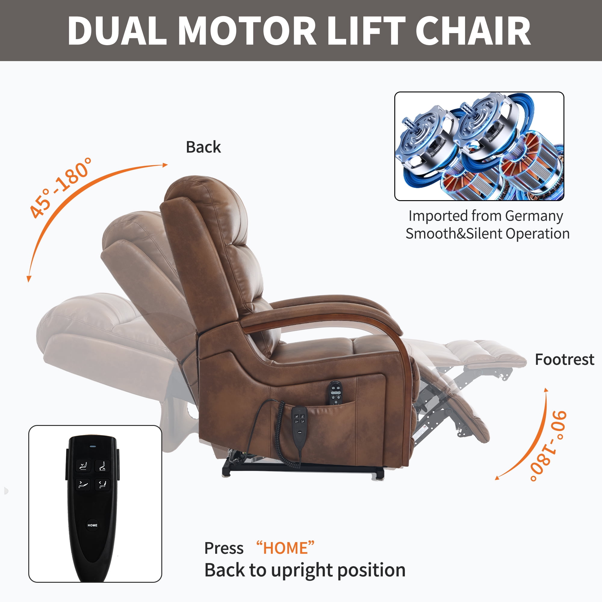 Gewnee Power Lift Recliner Chair with Heat and Massage,Lay Flat Assist Recliner with Side Pocket & Solid Wood Armrest,Lift Chair for Living Room.Brown PU