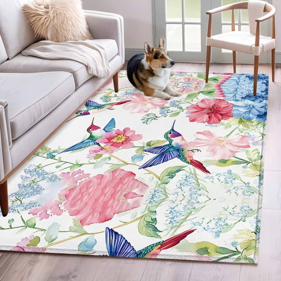 Watercolor Hummingbird Area Rug 3x5 Washable Rug Non Slip Colorful Pink Blue Flowers Large Area Rug Indoor Floor Carpet for Entryway Bedroom Kitchen Living Room Home Office Dining Room Nursery