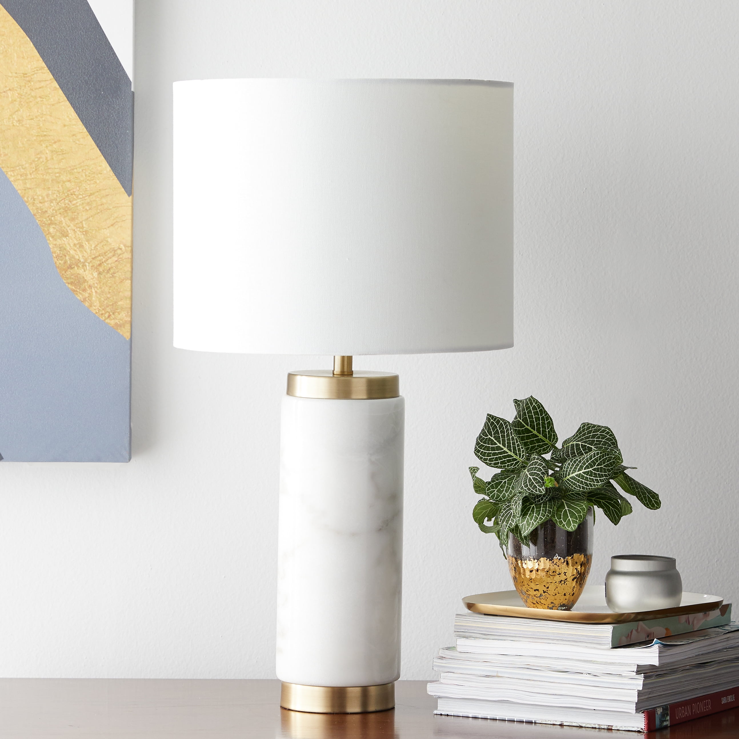 Marble Pillar Cylinder Table Lamp - Green & Brass - Industville