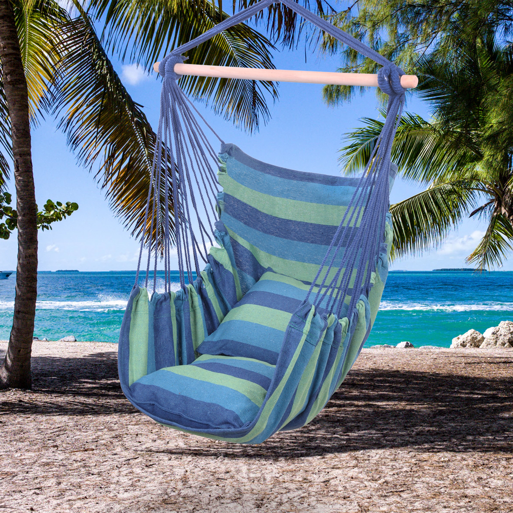 Hanging Rope Hammock Chair Swing Seat for Any Indoor or Outdoor Spaces, Portable Garden Hammock Chair for Kids, Unique Hammock Hanging Chair with Two Soft Pillows, Durable Spreader Bar, Blue, Q9286 - image 1 of 12