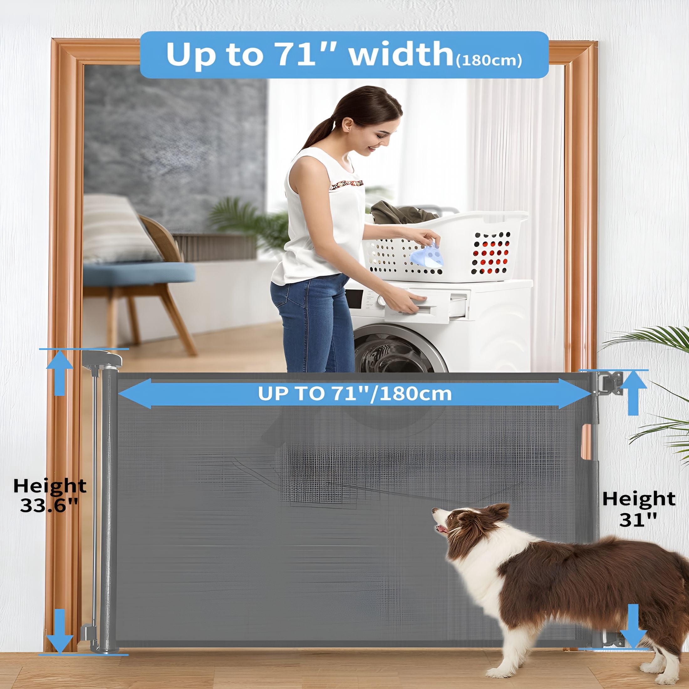 XIBUFE Retractable Baby Gate for Doorways and Stairs, Mesh Safety Gate for Pet, Indoor & Outdoor Use, One-Hand Operation, Easy Installation, 33.6" Tall, Expands to 55" Wide（Grey, 33.6"x55")