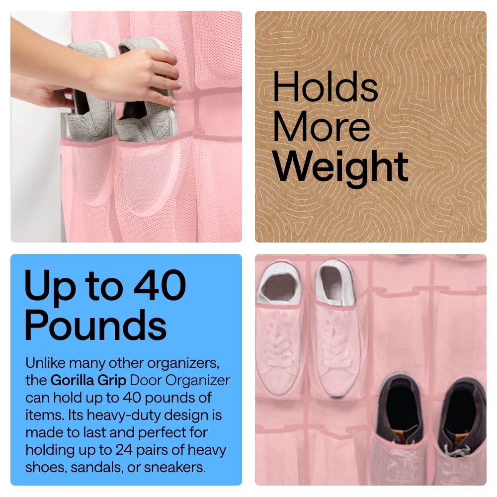 GORILLA GRIP 24 Pocket Over the Door Shoe Organizer, Mesh Pockets, Up to 40 Pounds, Hang on Doors, Light Pink