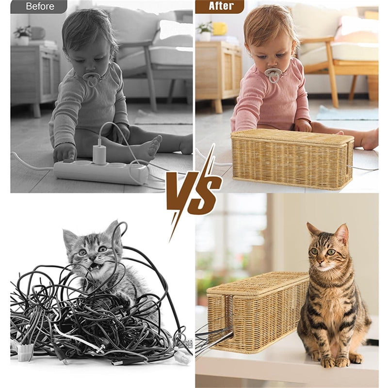 Handmade Cable Management Box, Durable Rattan Cable Organizer With Lid, 2 Open Slots Cords Hider Box, Under Desk Cord Organizer for TV Computer Usb Hub To Hide Power Strips & Cords-12.2" L*4.9" W