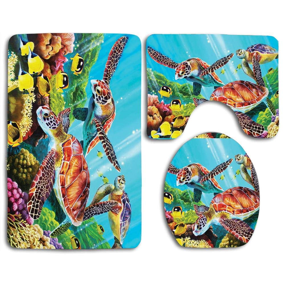 PUDMAD Colorful Turtles Underwater 3 Piece Bathroom Rugs Set Bath Rug Contour Mat and Toilet Lid